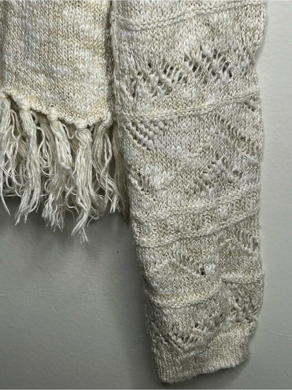2/$25 ⬇️ Listing Justice Girl’s Open Work Cream Metallic Fringe Trimmed Sweater